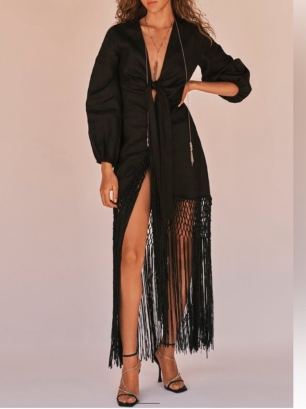 ZARA Black Linen Fringe Tie Dress NWT